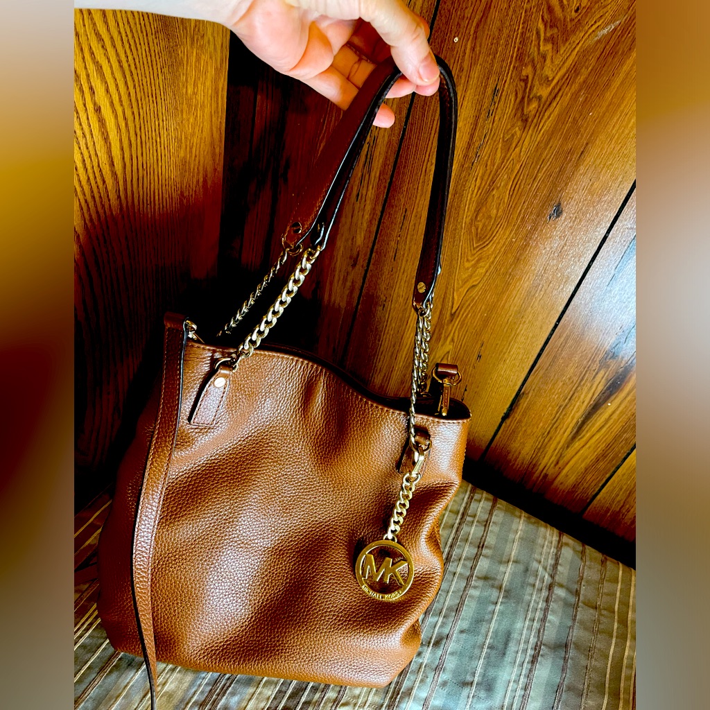 Michael Kors Tan Pebbled Leather Chained Crossbody Bag